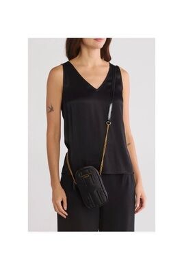 Kurt Geiger Black London Quilted Crossbody Phone Bag with Gold Chain